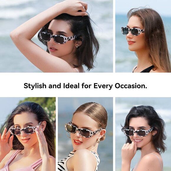 Trendy Rectangle Cow Print Sunglasses Women Men Retro Square Fashion Shades - Picture 3 of 5